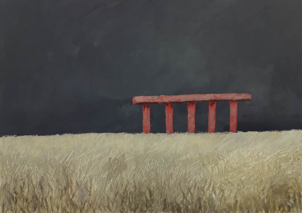 Abstract landscape painting by Oliver Gosling, “Fence” (2020): a small red fence or rail on the horizon between a field of pale golden wheat and a dark, stormy grey sky.