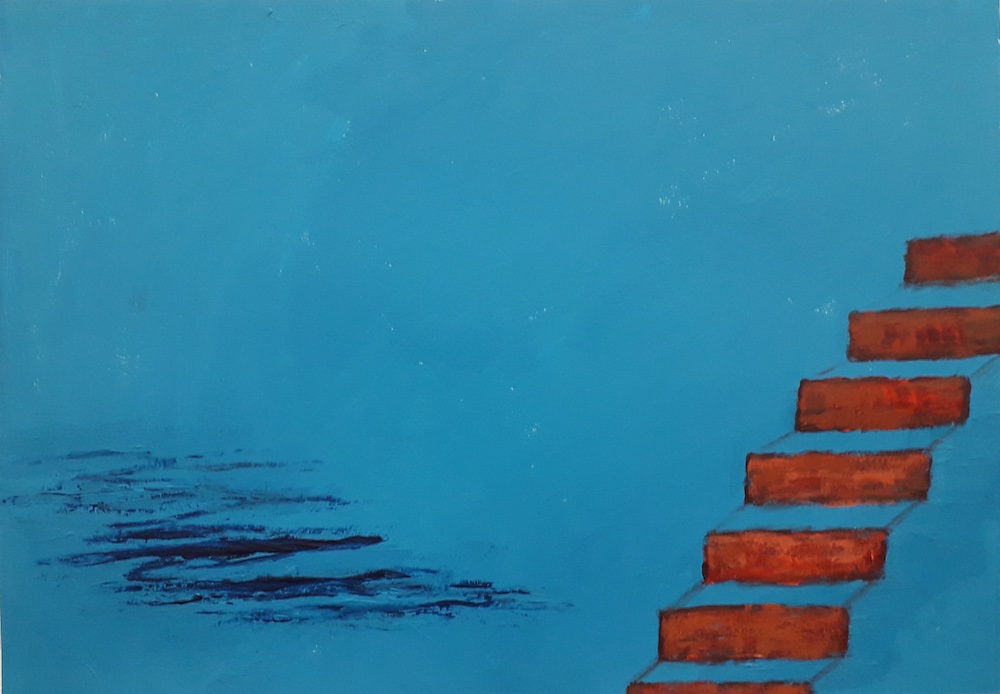 Abstract painting by Oliver Gosling featuring a red staircase ascending to the right, against a deep blue background.
