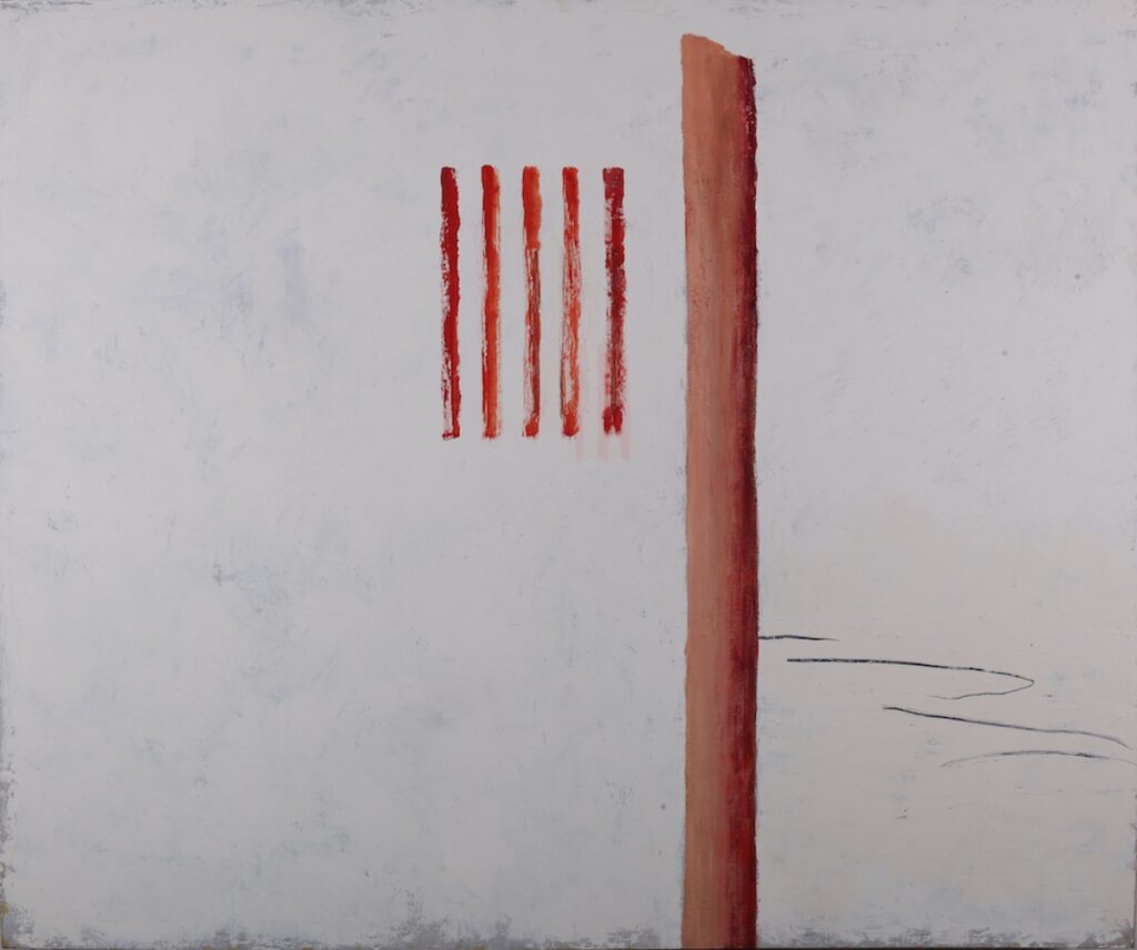 Abstract painting by Oliver Gosling featuring red vertical marks against a pale background.